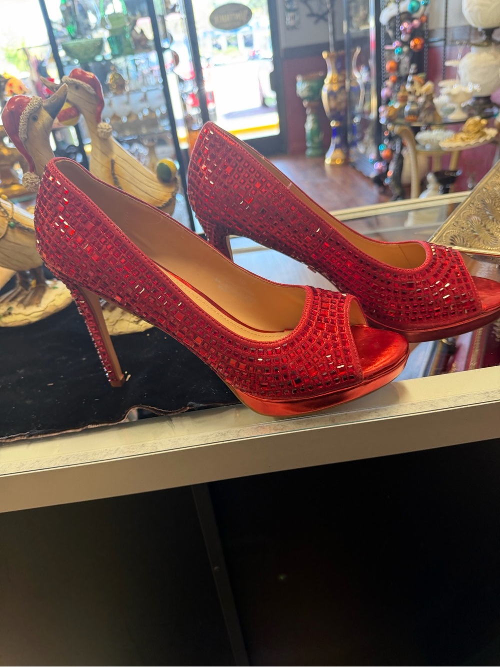 Lauren Lorraine Red Rhinestone Peep-Toe Stiletto Heels